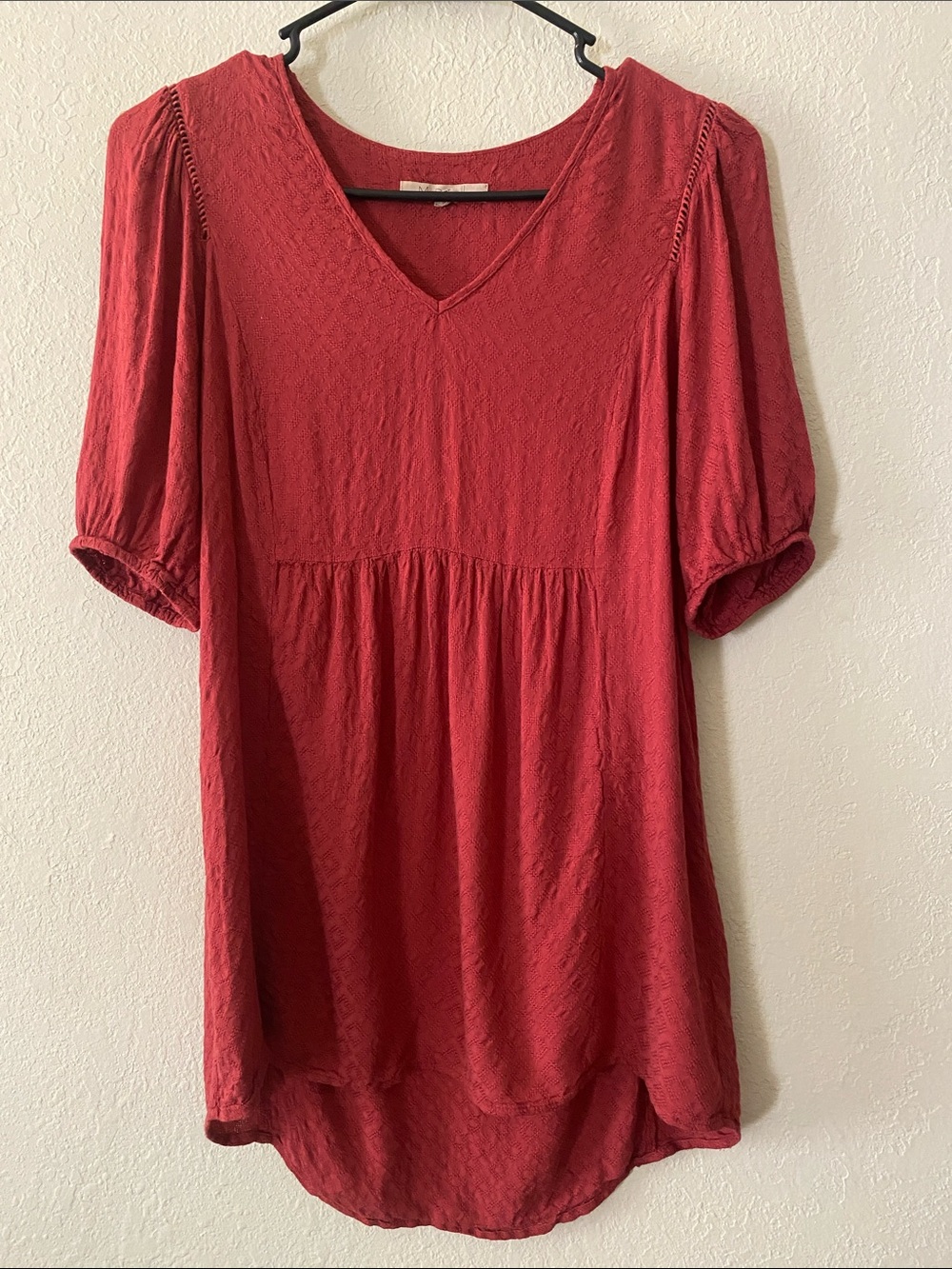 V-Neck Red Babydoll Tunic with Puff Sleeves - Picture 2 of 11